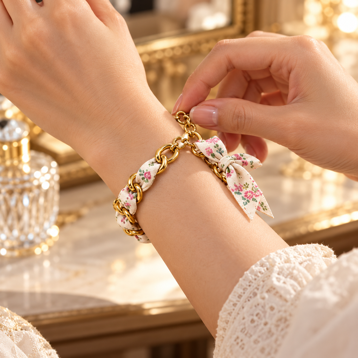 Floral Ribbon Bow Gold Chain Bracelet