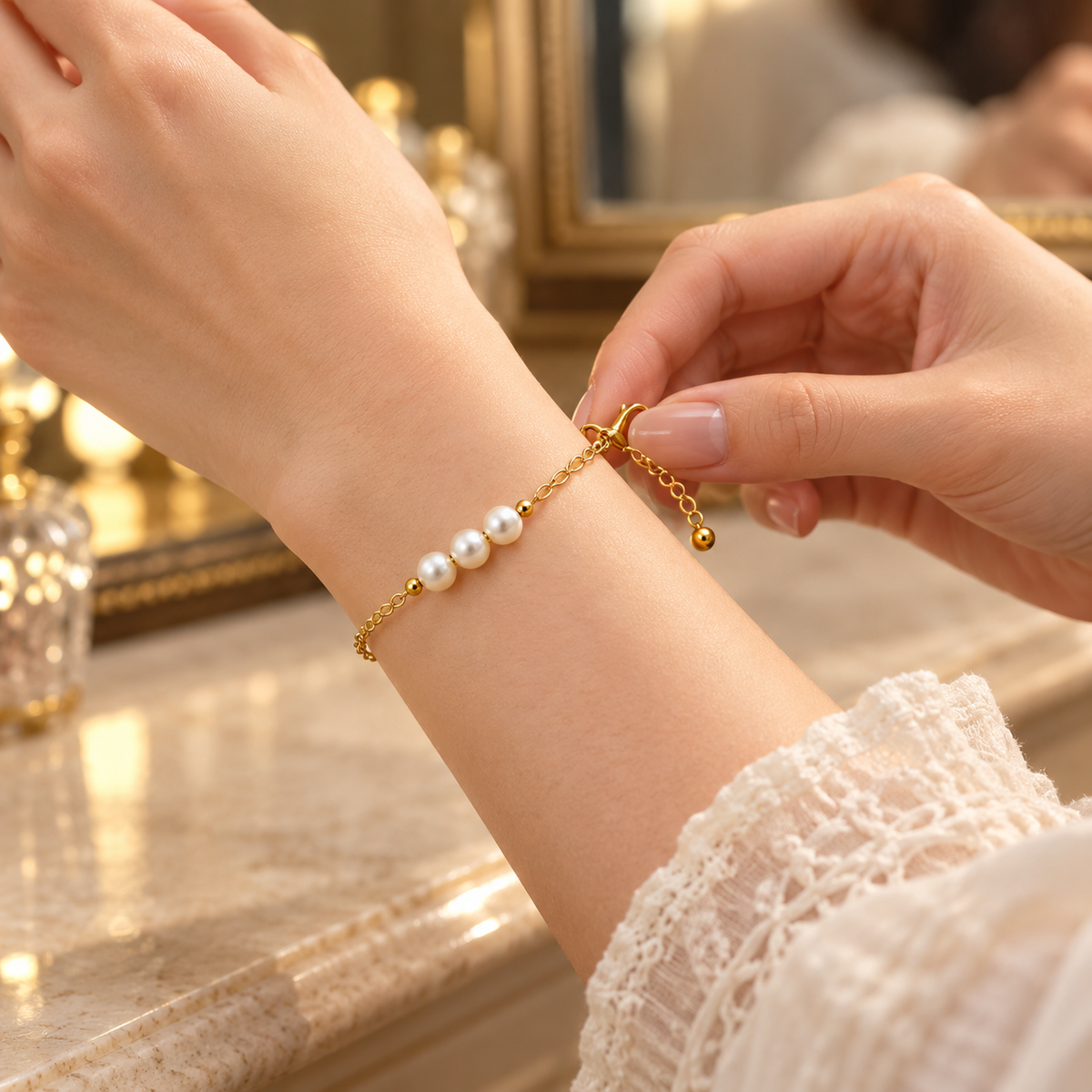 Gold-Tone Three-Pearl Chain Bracelet
