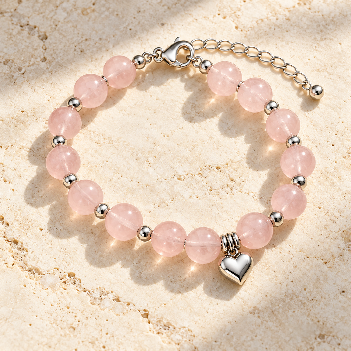 Pink Beaded Heart Charm Bracelet