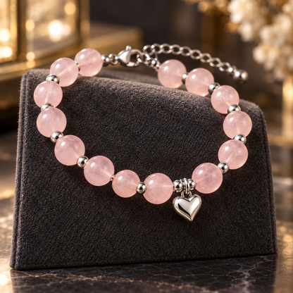 Pink Beaded Heart Charm Bracelet