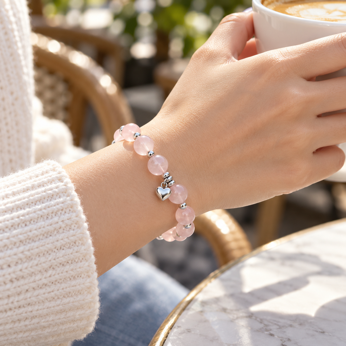 Pink Beaded Heart Charm Bracelet