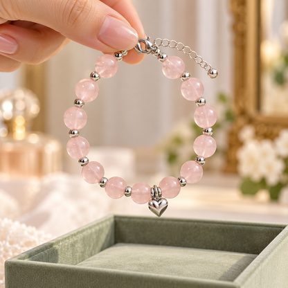 Pink Beaded Heart Charm Bracelet
