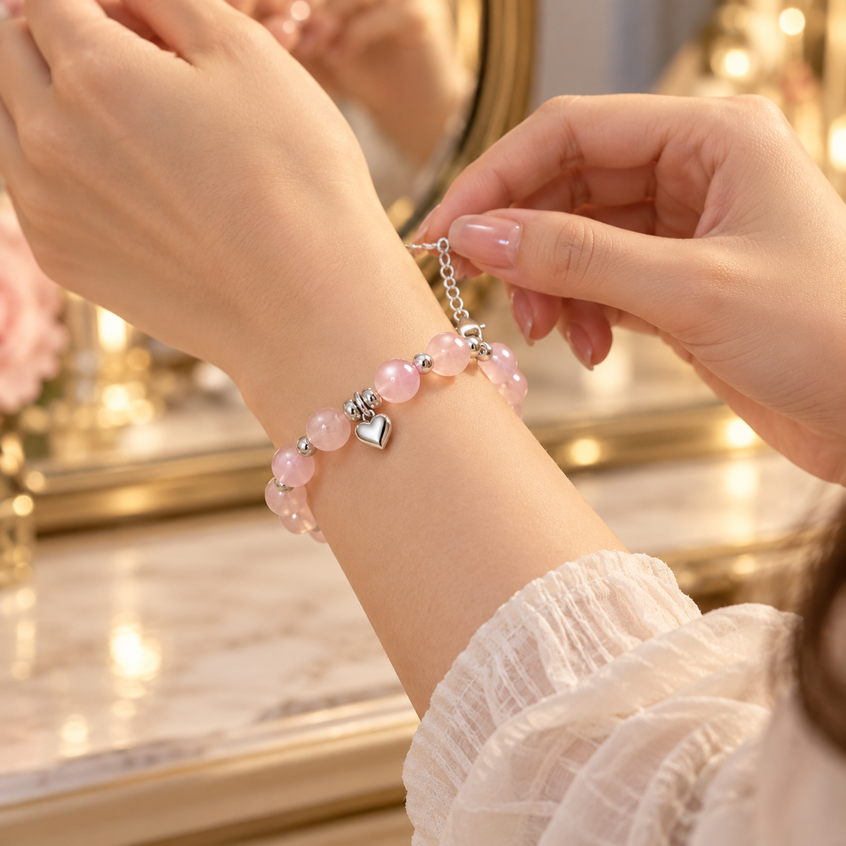 Pink Beaded Heart Charm Bracelet