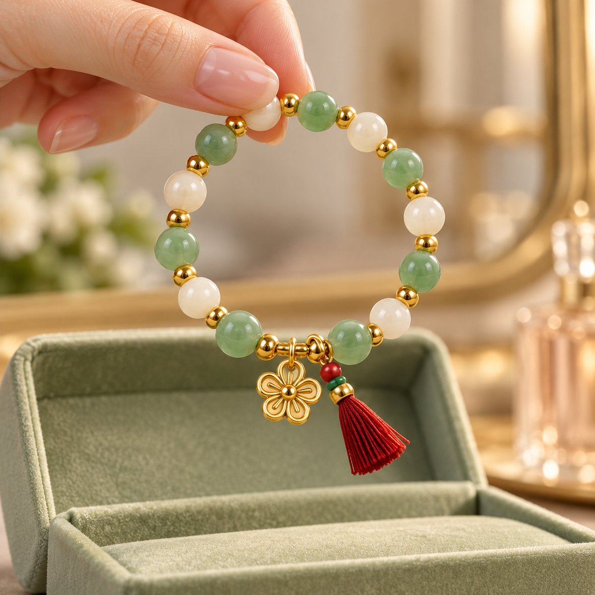 Green & White Flower Charm Bracelet