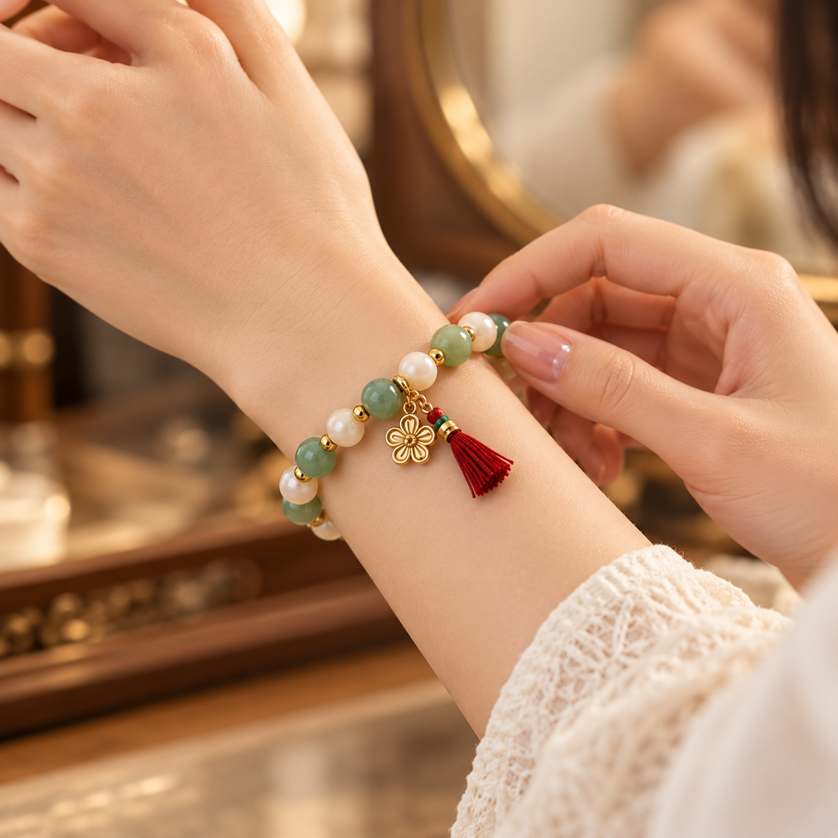 Green & White Flower Charm Bracelet