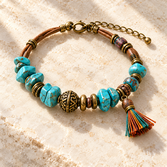 Turquoise Leather Tassel Bracelet
