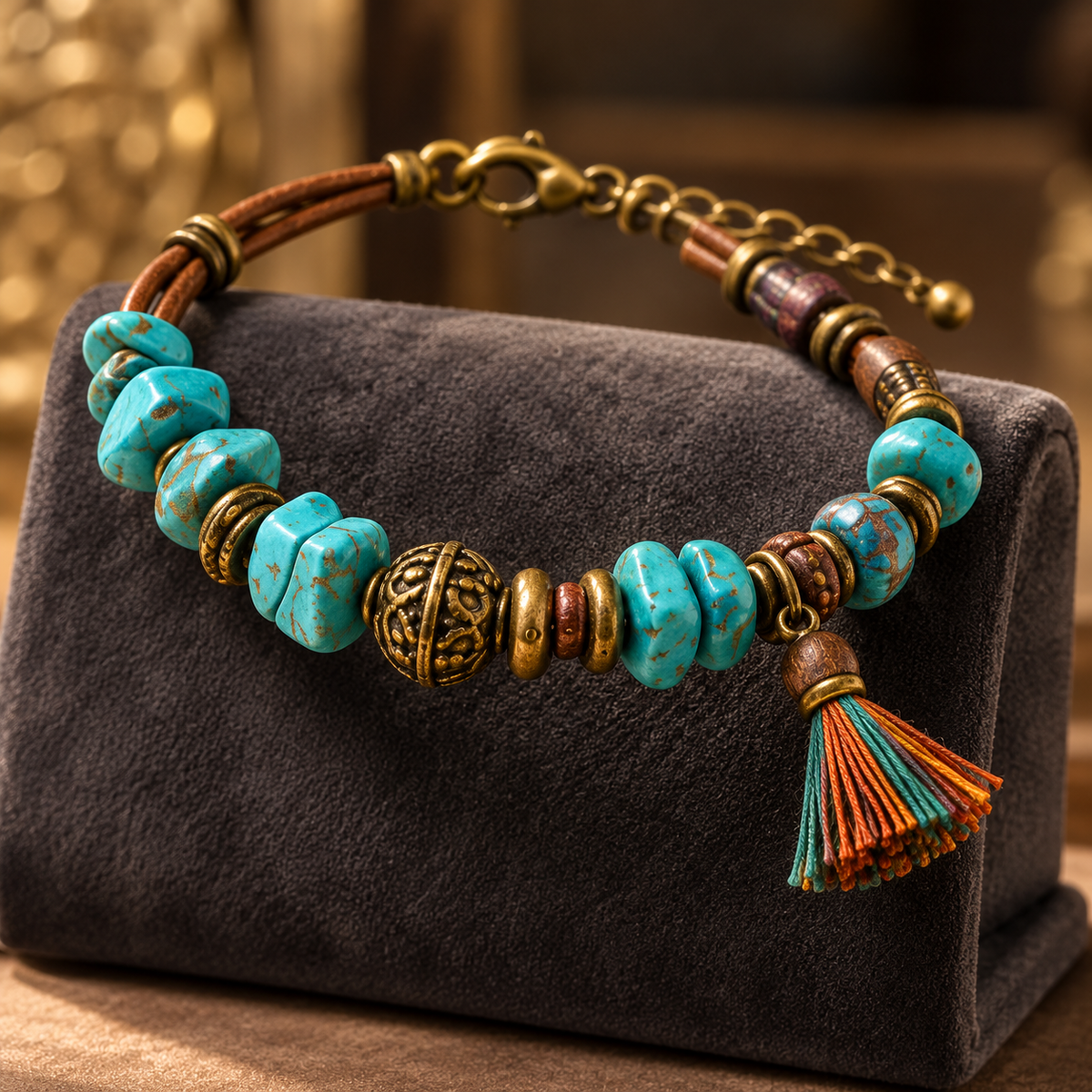 Turquoise Leather Tassel Bracelet