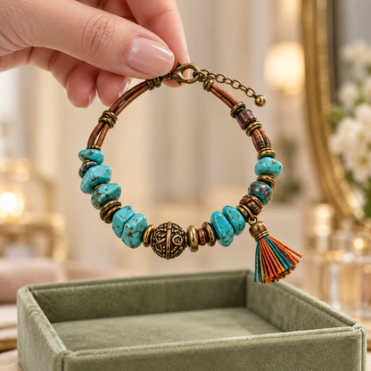 Turquoise Leather Tassel Bracelet