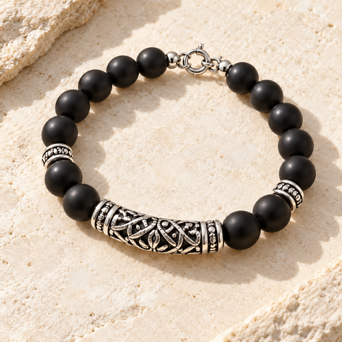 Matte Black Beaded Silver Bracelet