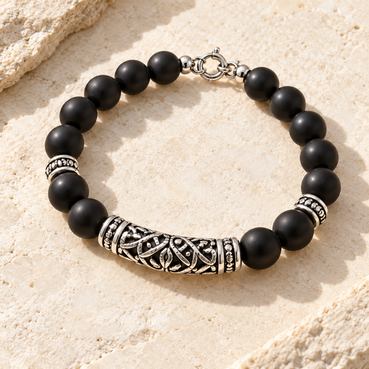 Matte Black Beaded Silver Bracelet