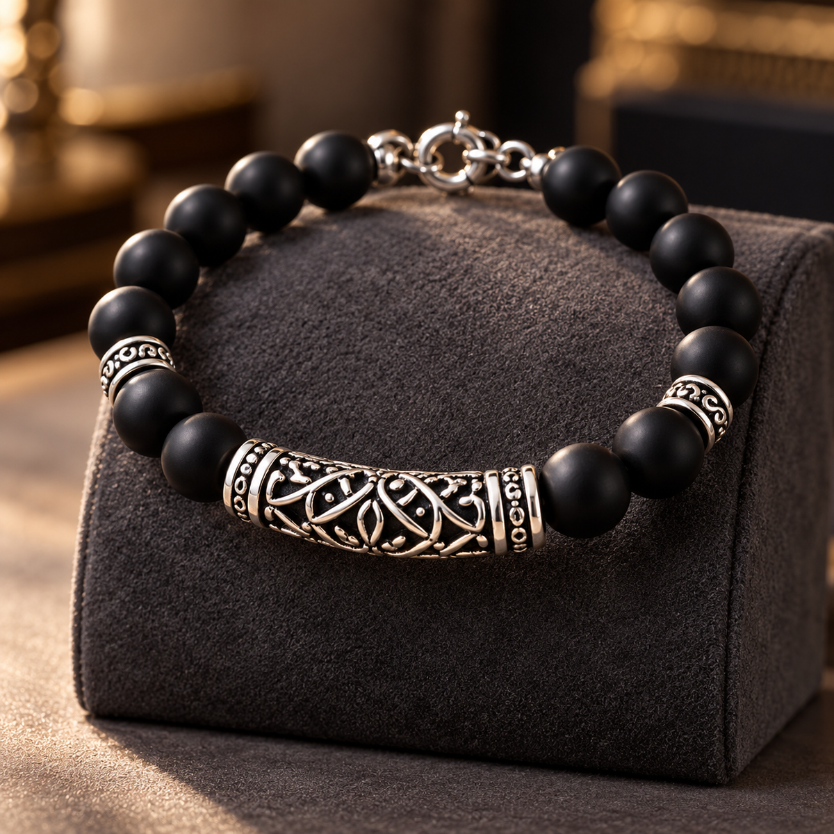 Matte Black Beaded Silver Bracelet