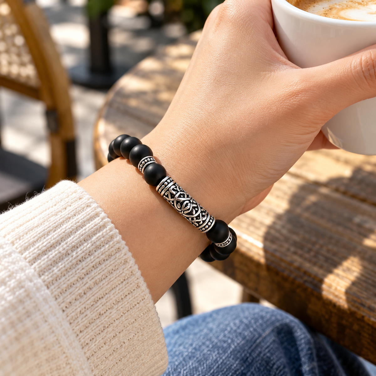 Matte Black Beaded Silver Bracelet