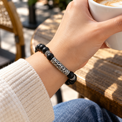 Matte Black Beaded Silver Bracelet