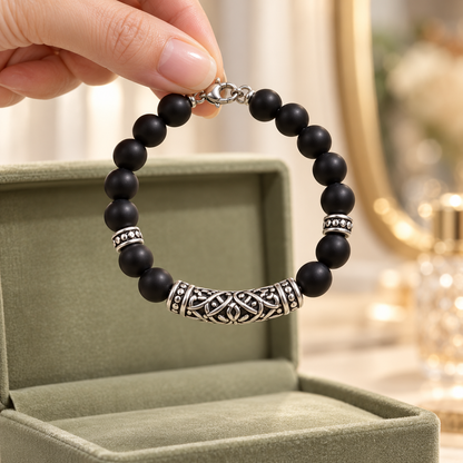 Matte Black Beaded Silver Bracelet