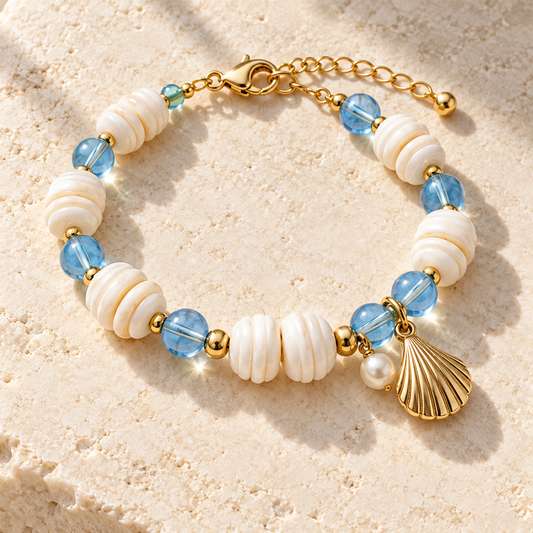 Ocean Blue Shell Charm Beaded Bracelet