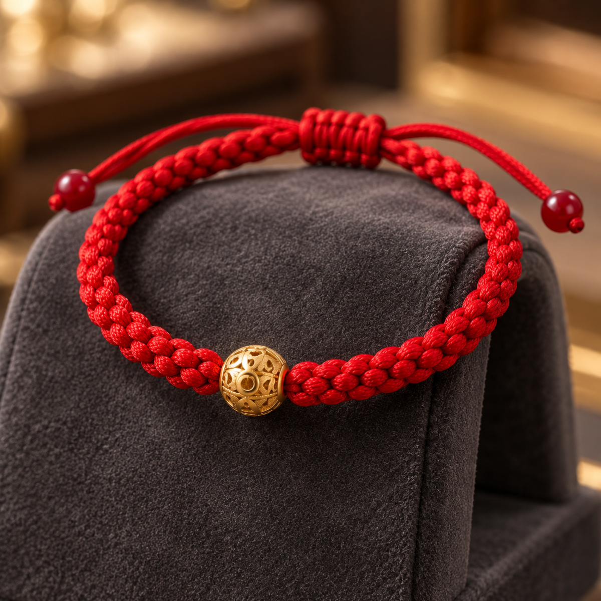 Red Braided Cord Gold Bead Bracelet