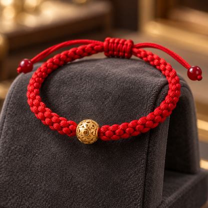 Red Braided Cord Gold Bead Bracelet