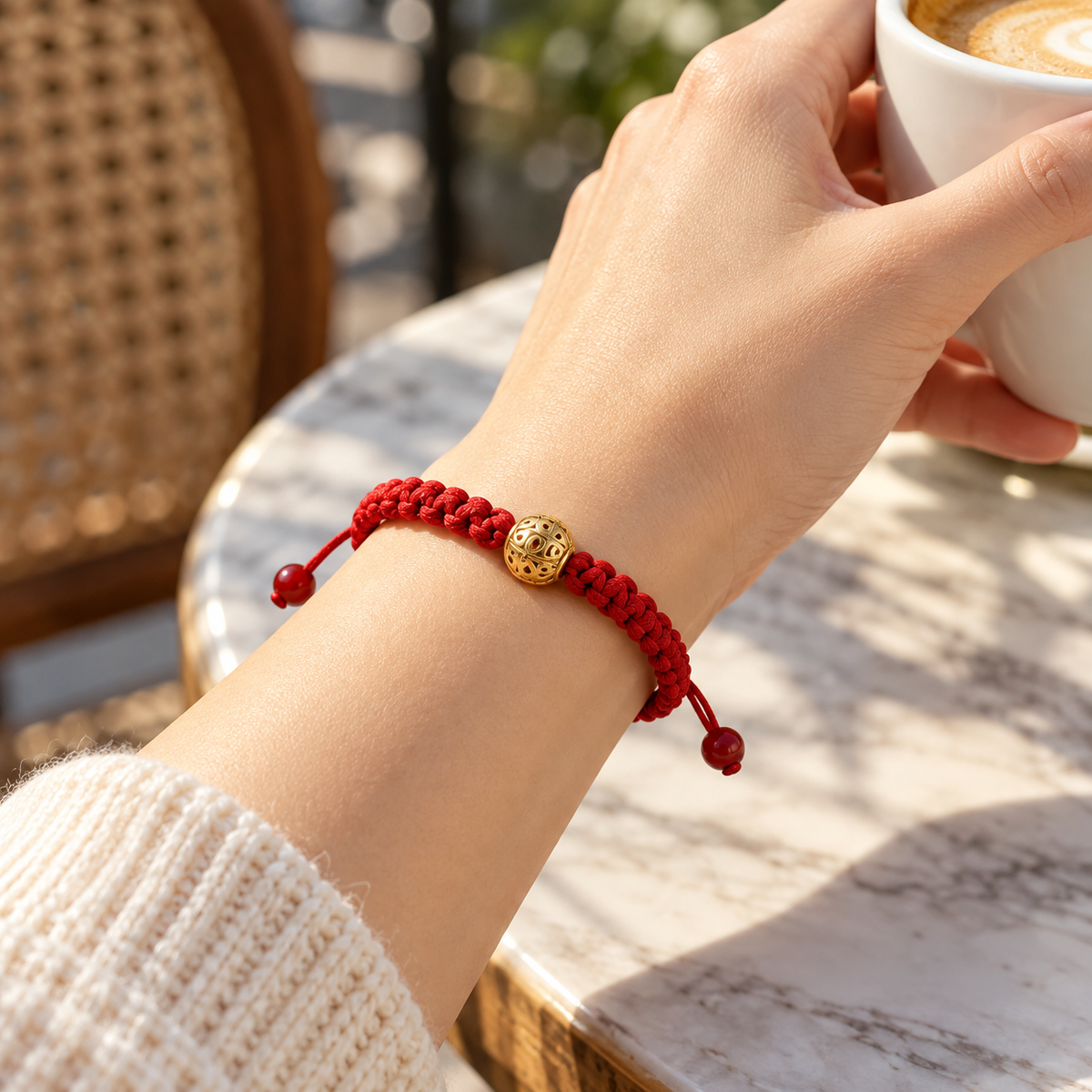 Red Braided Cord Gold Bead Bracelet