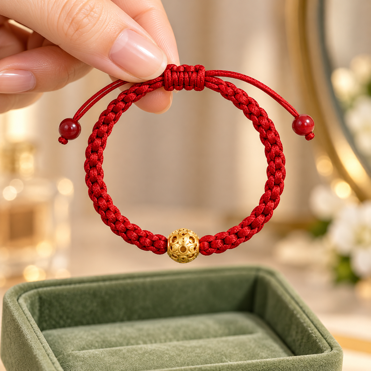 Red Braided Cord Gold Bead Bracelet