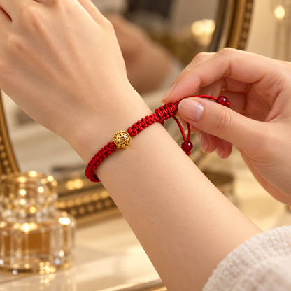 Red Braided Cord Gold Bead Bracelet