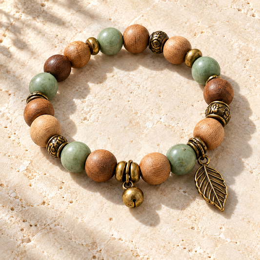 Wood Bead Leaf Charm Bracelet