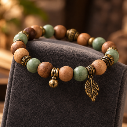 Wood Bead Leaf Charm Bracelet