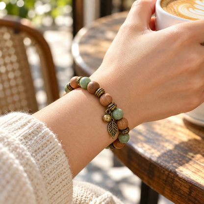 Wood Bead Leaf Charm Bracelet