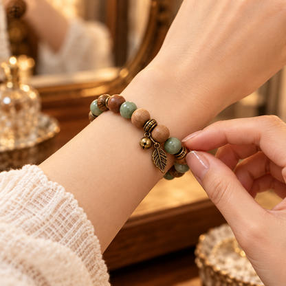 Wood Bead Leaf Charm Bracelet