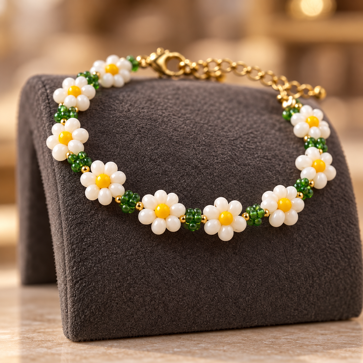 White Daisy Flower Beaded Bracelet