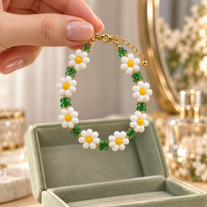 White Daisy Flower Beaded Bracelet