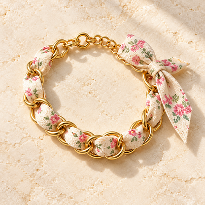 Floral Ribbon Bow Gold Chain Bracelet