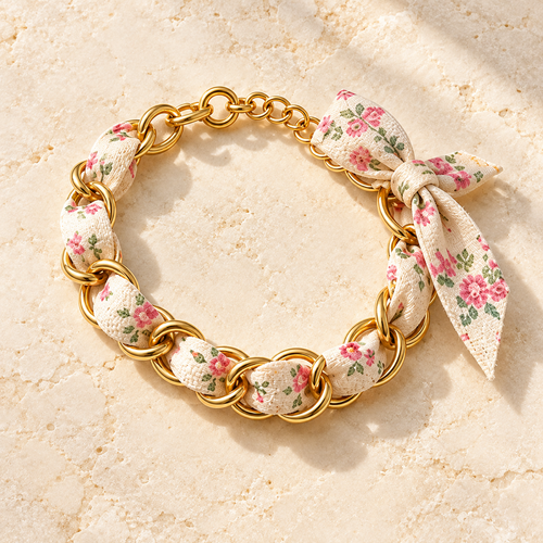 Floral Ribbon Bow Gold Chain Bracelet