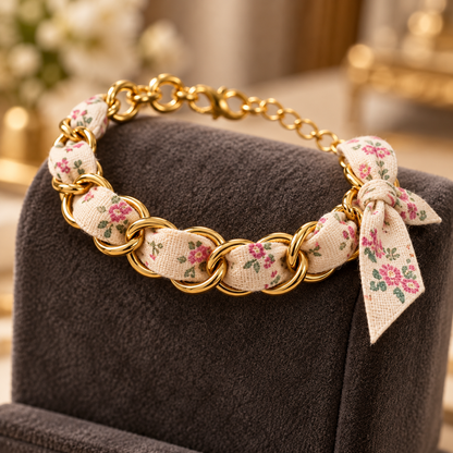 Floral Ribbon Bow Gold Chain Bracelet