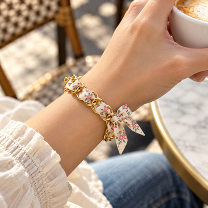 Floral Ribbon Bow Gold Chain Bracelet