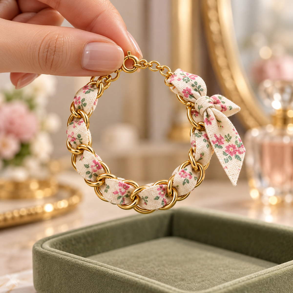 Floral Ribbon Bow Gold Chain Bracelet