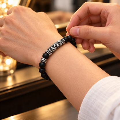 Matte Black Beaded Silver Bracelet