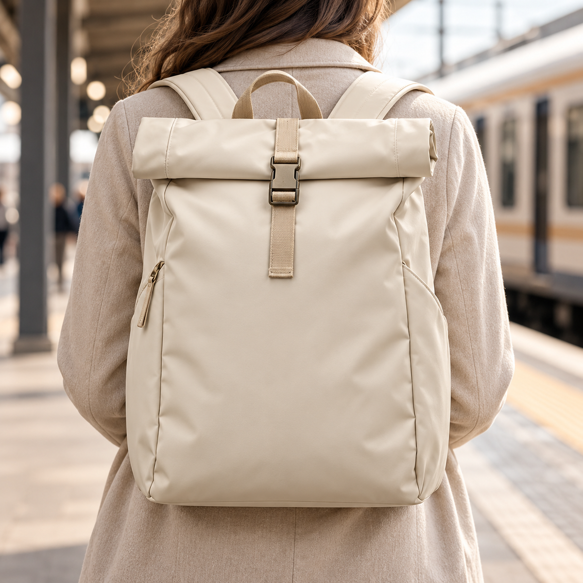 Cream Roll-Top Buckle Backpack