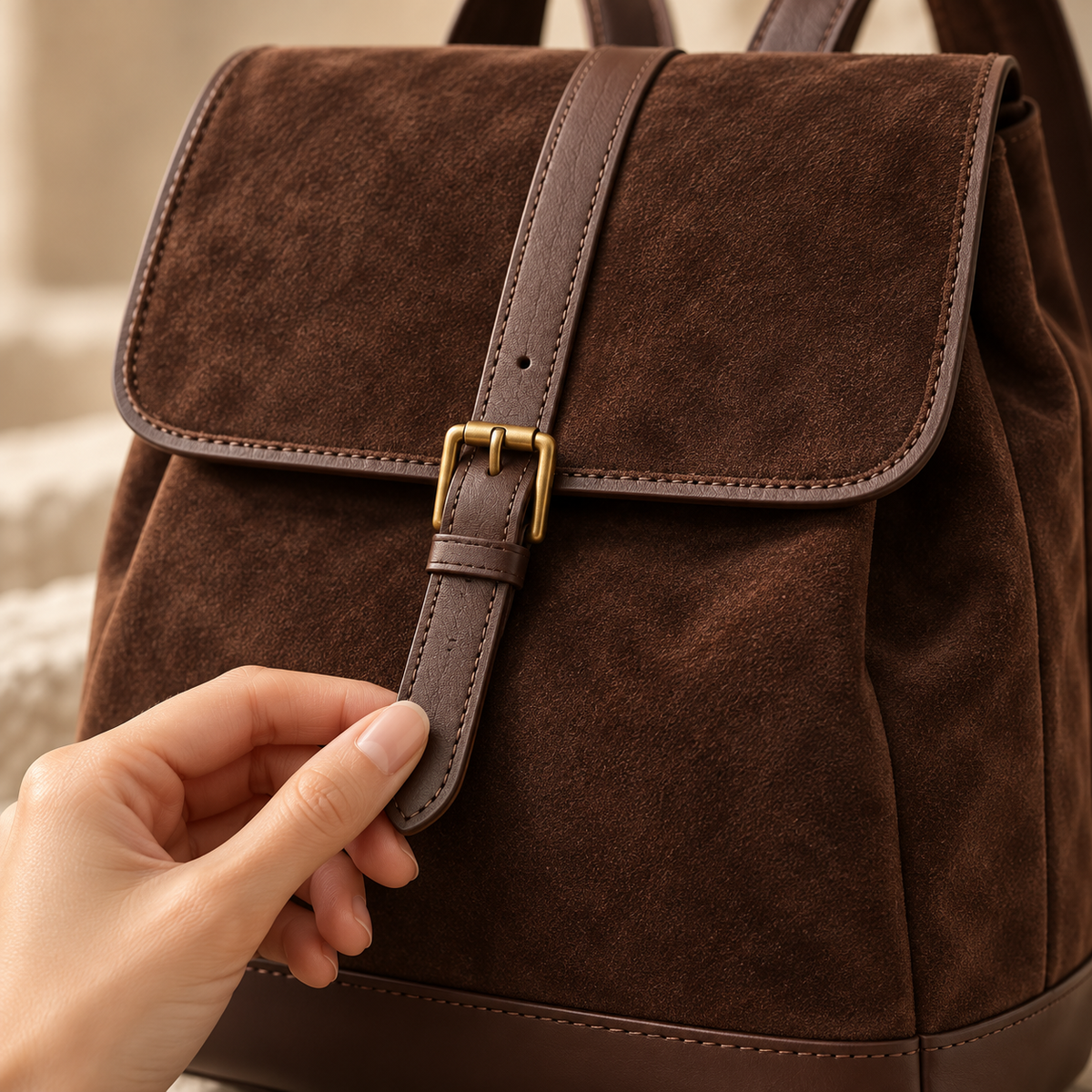 Textured Brown Flap Buckle Backpack