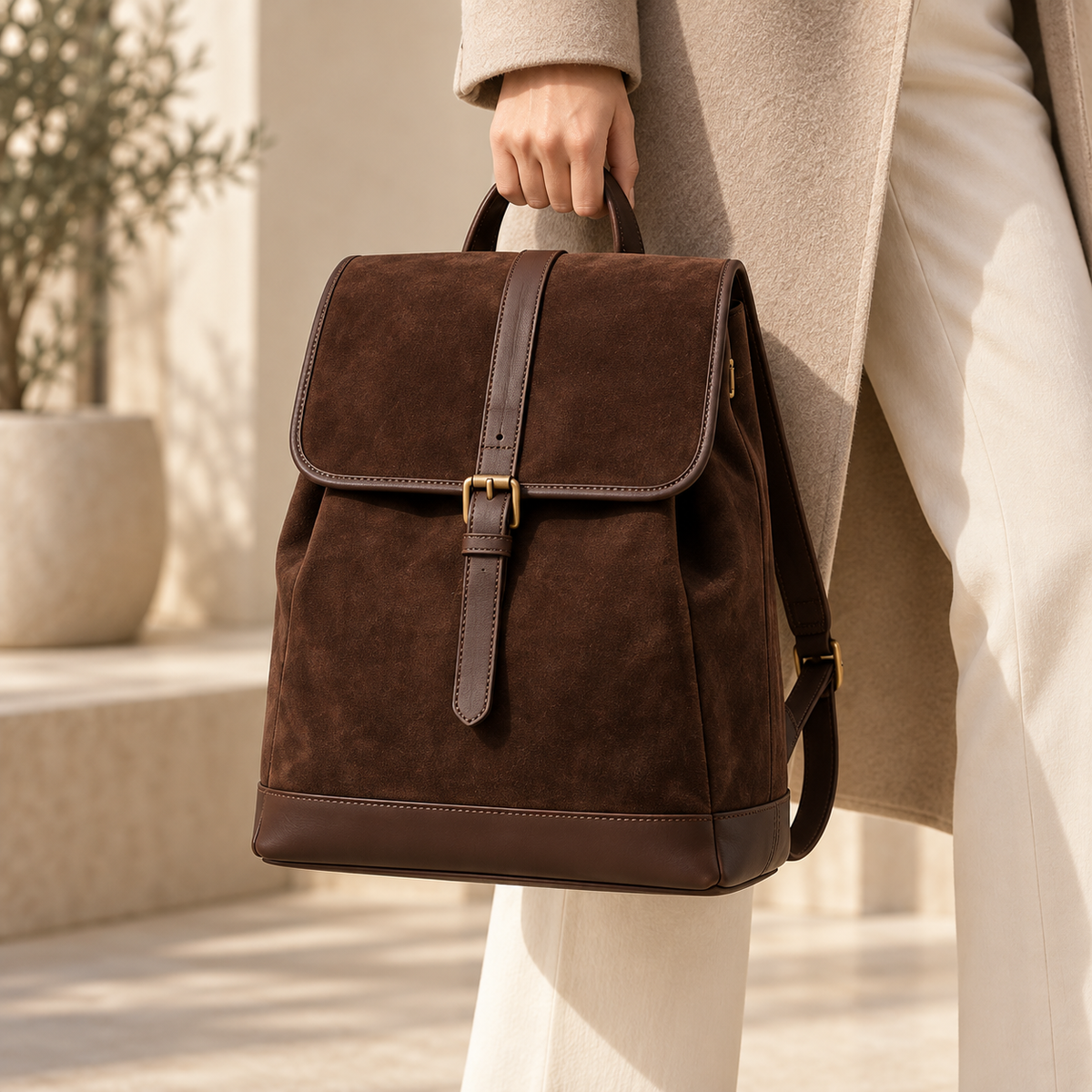 Textured Brown Flap Buckle Backpack