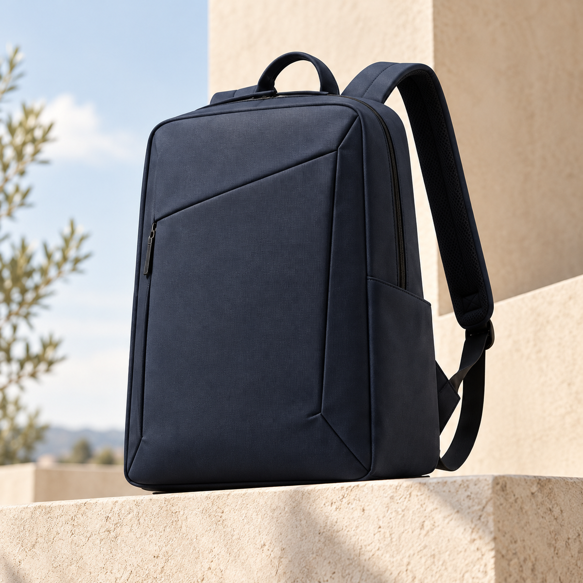 Navy Angular Front-Zip Backpack