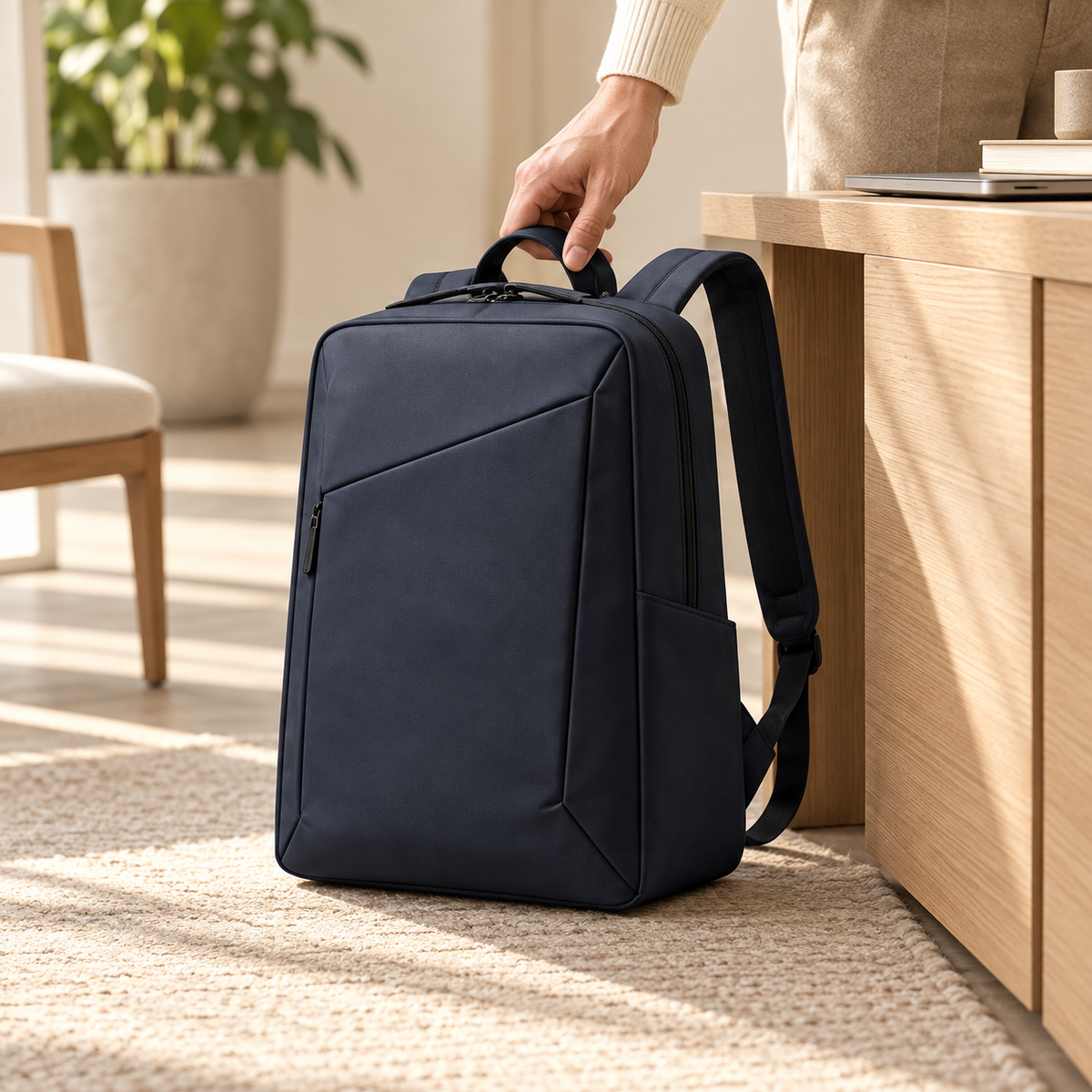 Navy Angular Front-Zip Backpack