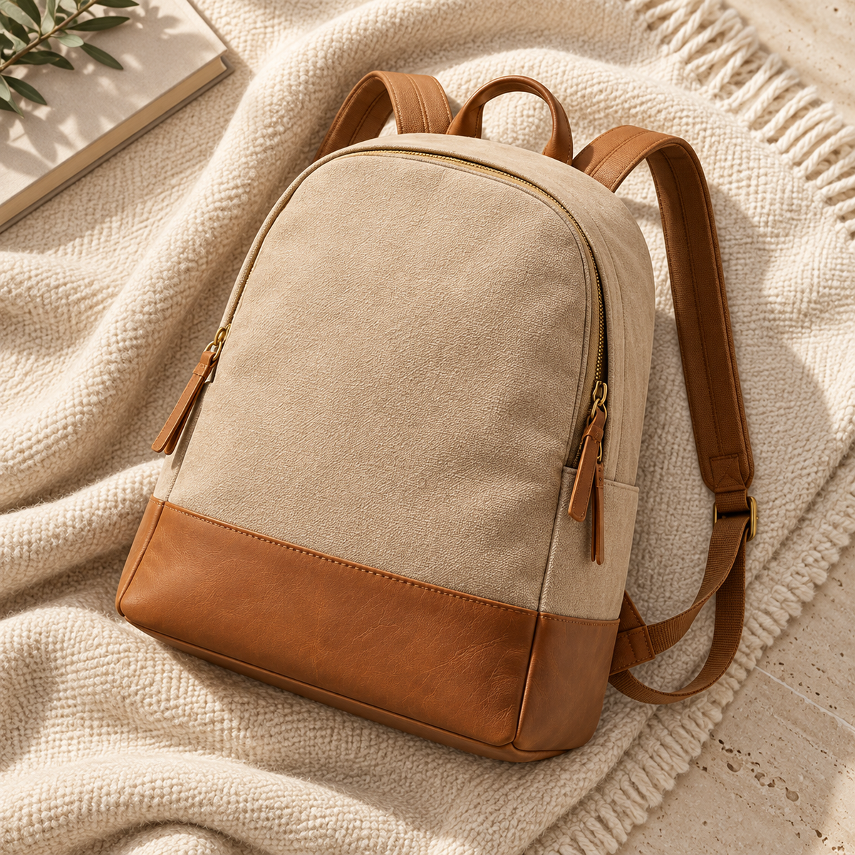 Beige Backpack With Tan Trim