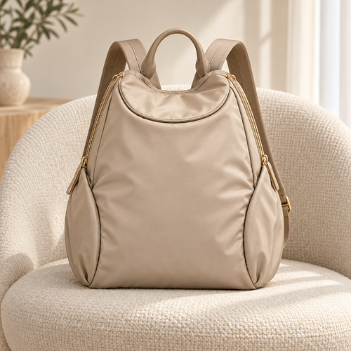 Sand Beige Curved-Zip Backpack