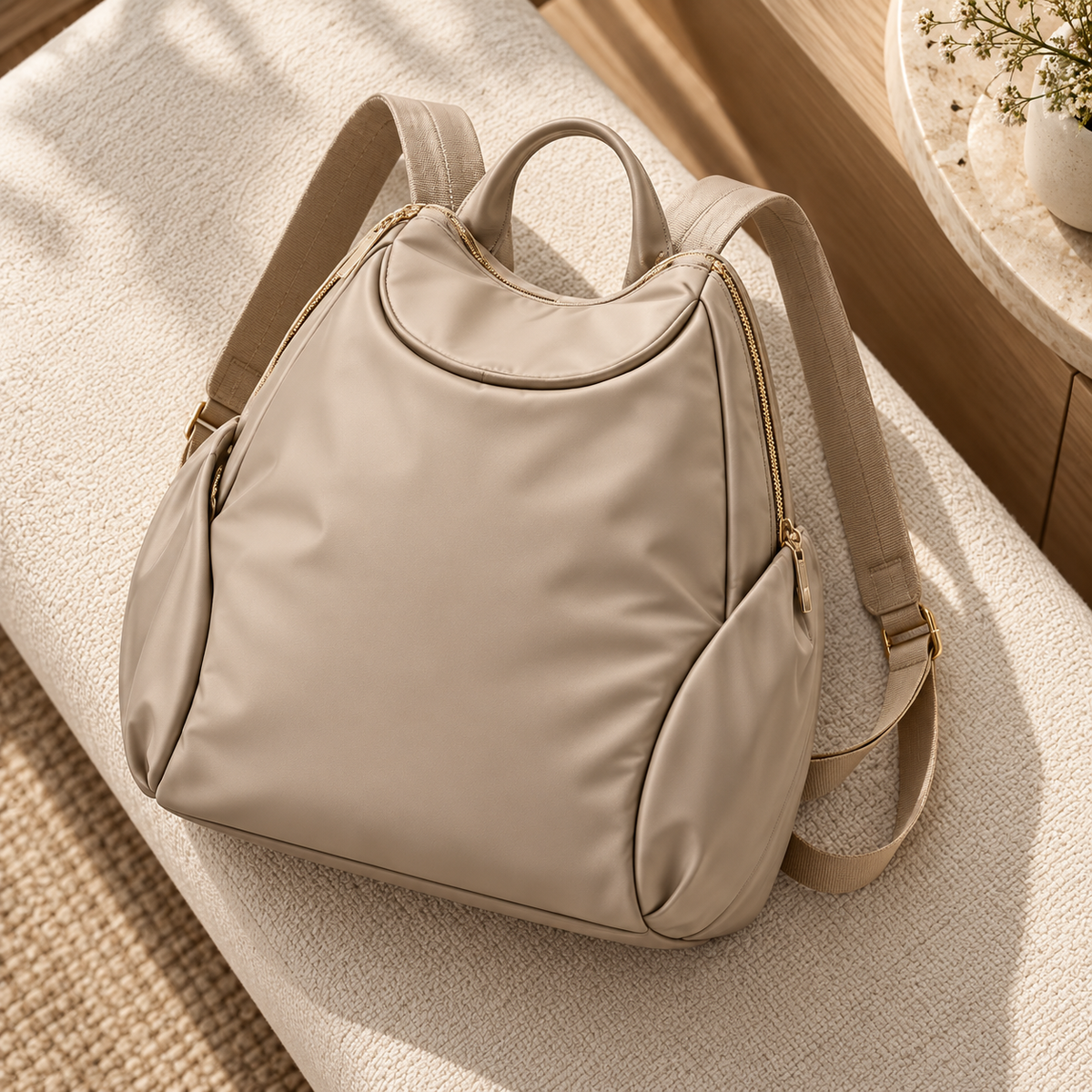 Sand Beige Curved-Zip Backpack