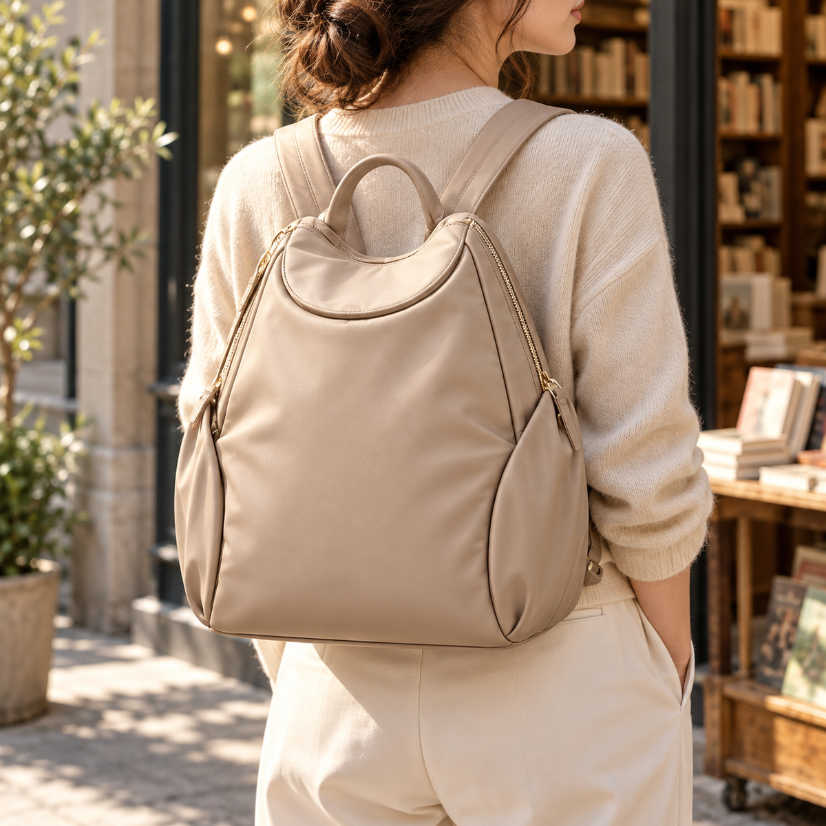 Sand Beige Curved-Zip Backpack