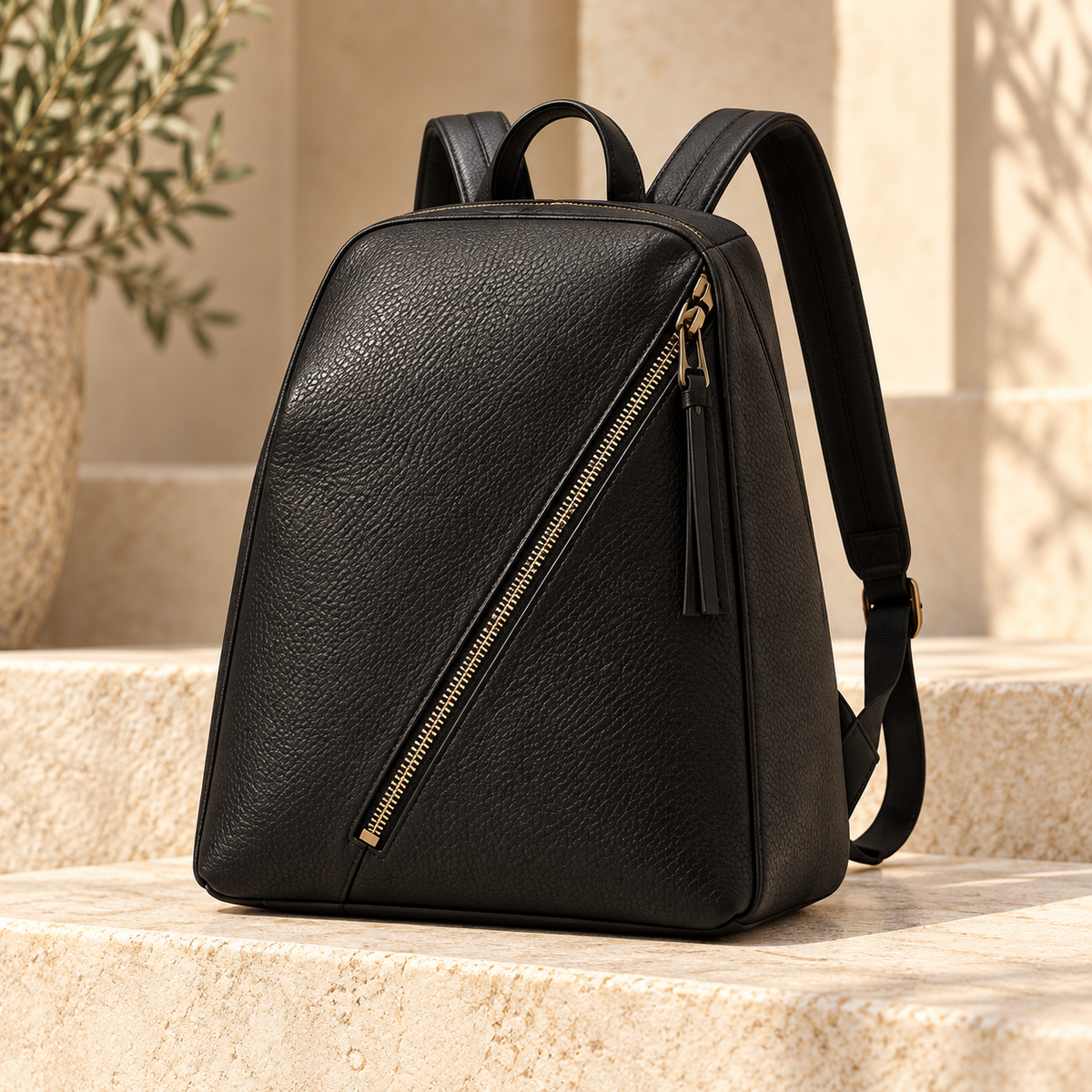 Black Diagonal-Zip Backpack