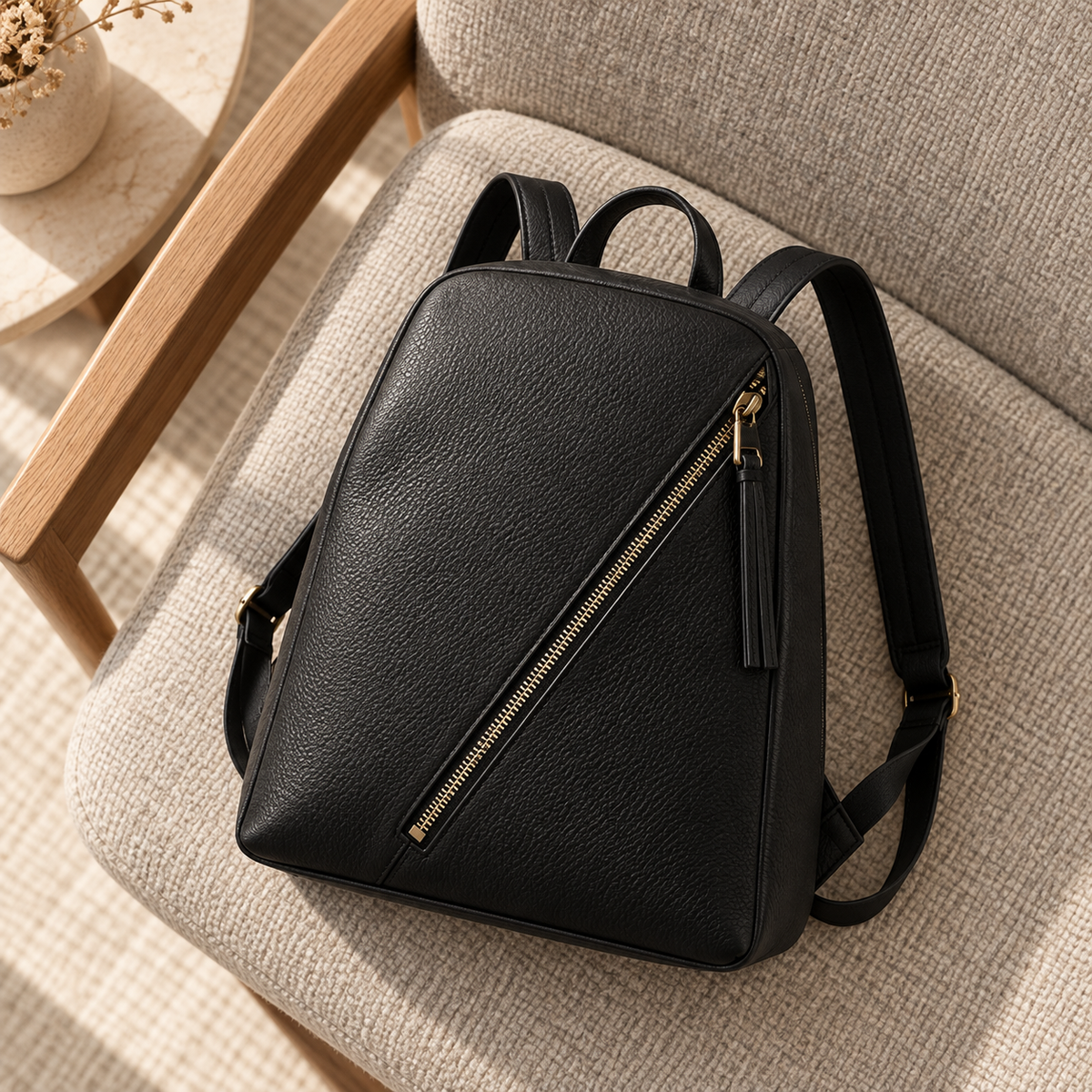 Black Diagonal-Zip Backpack