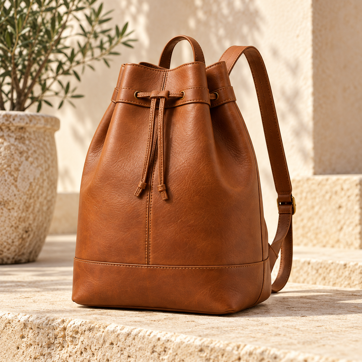 Cognac Drawstring Bucket Backpack