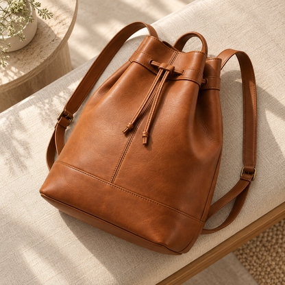 Cognac Drawstring Bucket Backpack