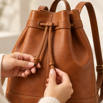 Cognac Drawstring Bucket Backpack